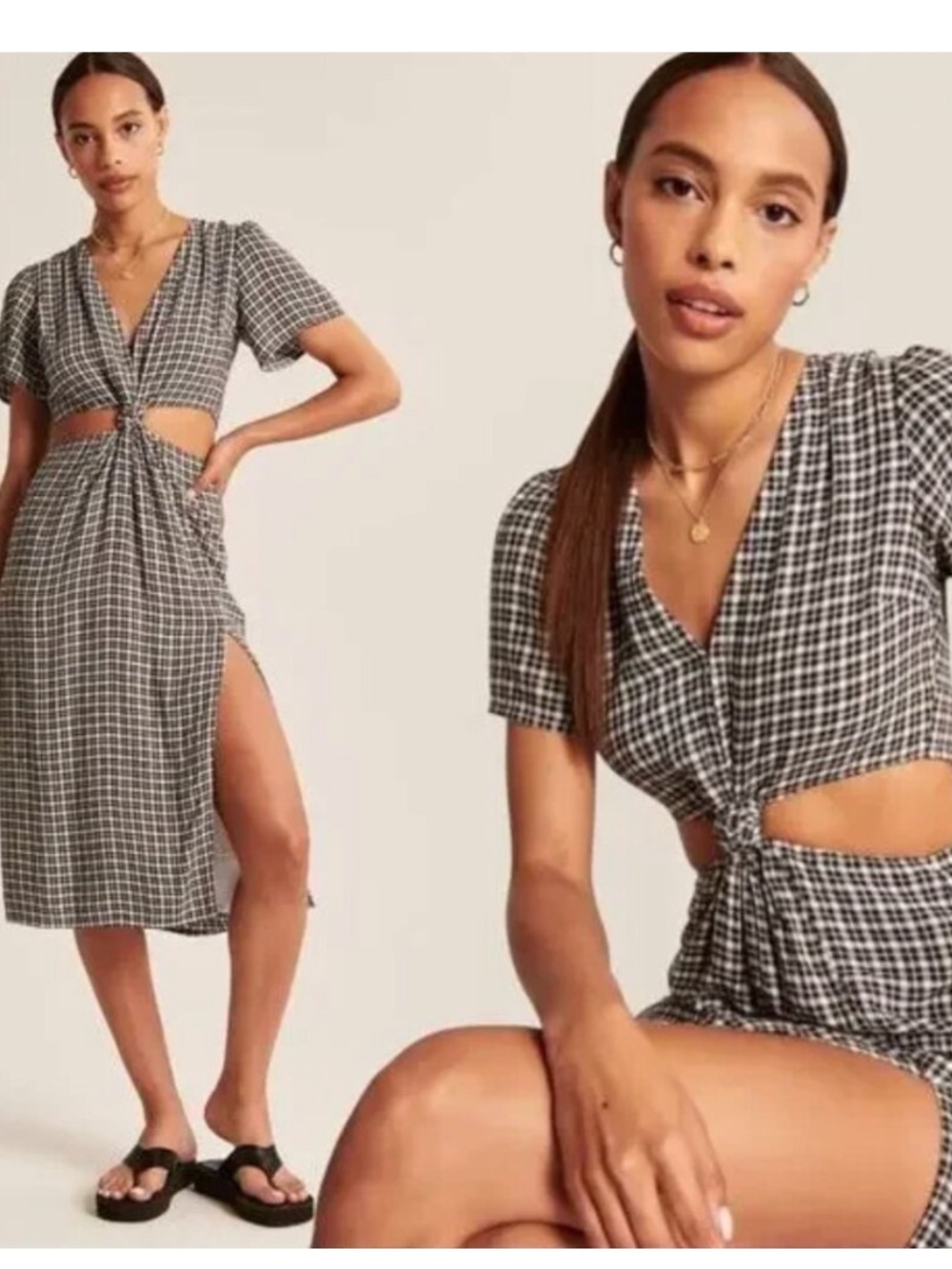 Abercrombie & Fitch Black and White Gingham Tie-Front Midi Dress